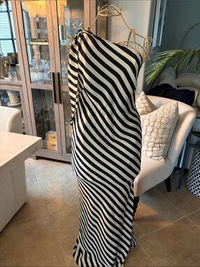 Mango Black and White Diagonal-Stripe One-Shoulder Maxi Dress